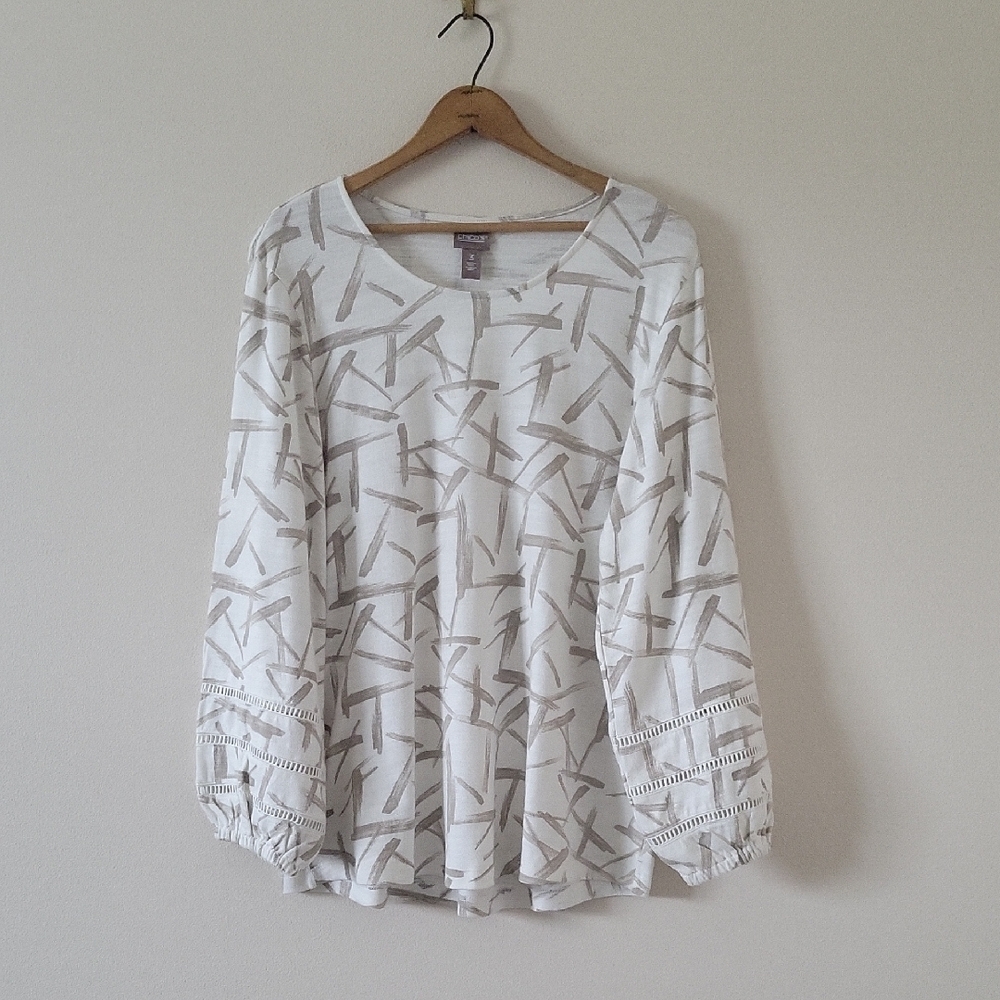 Chico's White Tan Scoop Neck Puff Sleeve Sweater Size XL